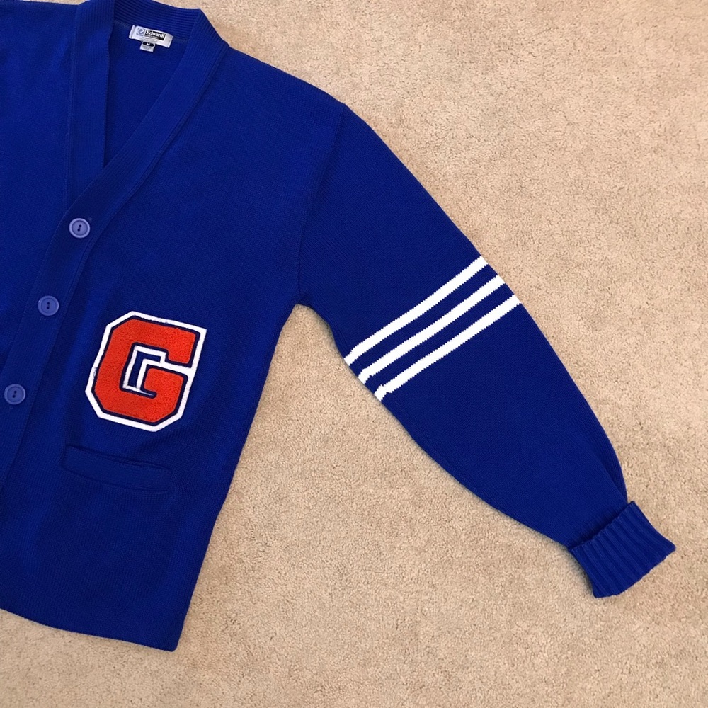 Vintage 80s Letterman Sweater Cardigan Mens Medium Royal Blue Letter G Pockets - Picture 8 of 11